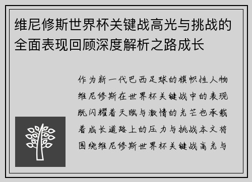 维尼修斯世界杯关键战高光与挑战的全面表现回顾深度解析之路成长